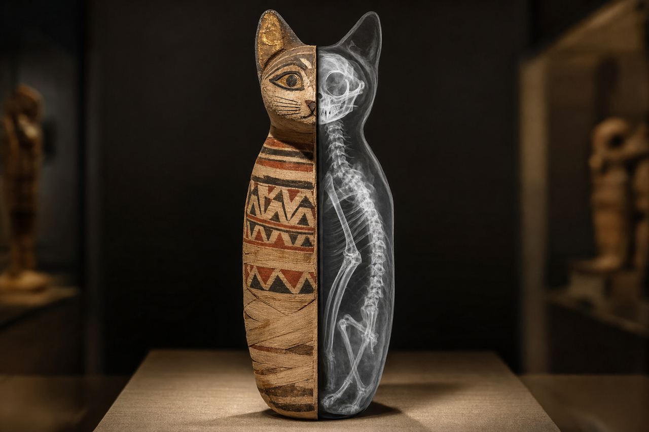 A cat mummy and its X-ray — every bone preserved