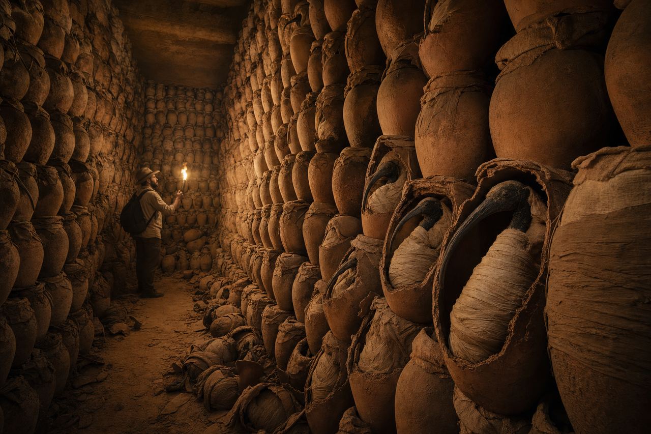 Thousands of ibis mummies in a sacred necropolis