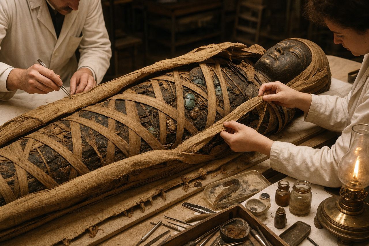 Linen wrappings and amulets of an Egyptian mummy