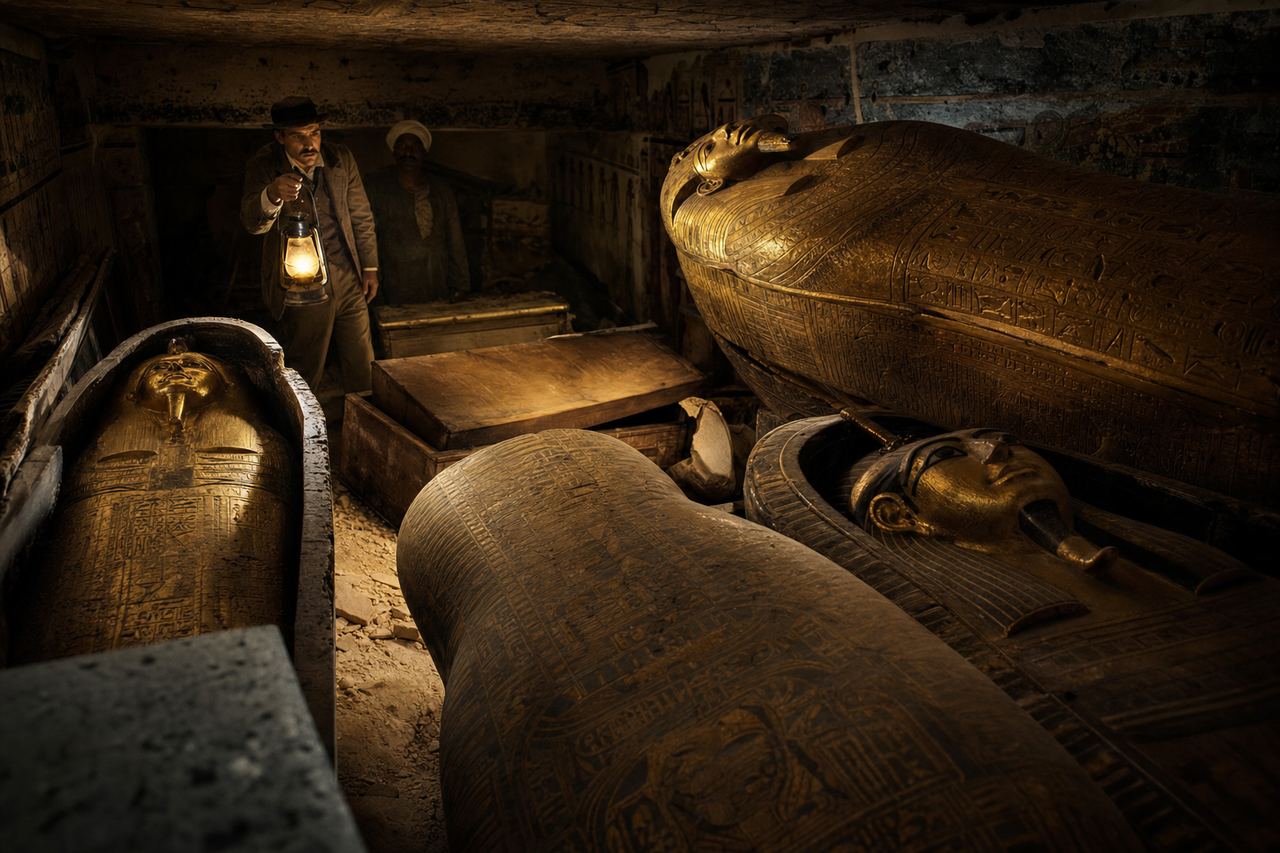 Pharaoh coffins stacked in the DB320 chamber