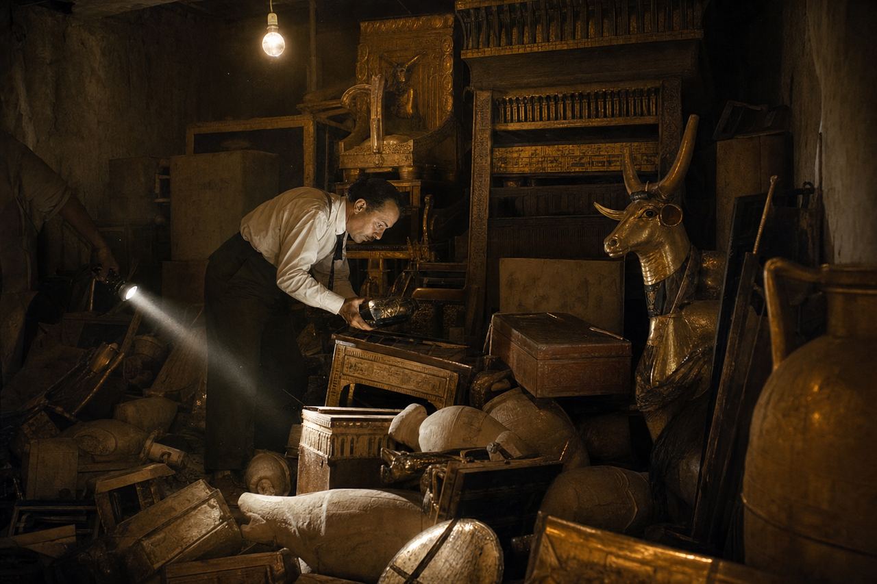 The treasure-filled antechamber as first seen in 1922