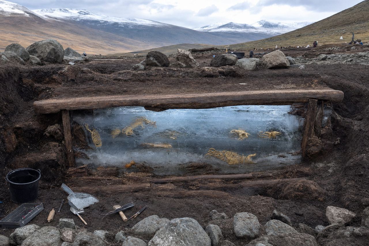 A kurgan ice lens excavation, Altai Mountains