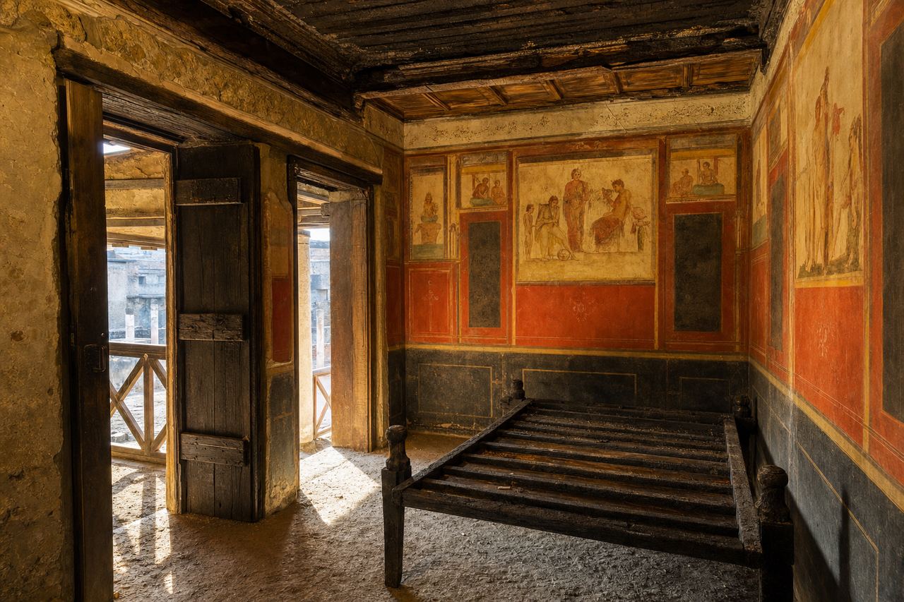 An intact Roman room at Herculaneum — wooden door still on its hinges