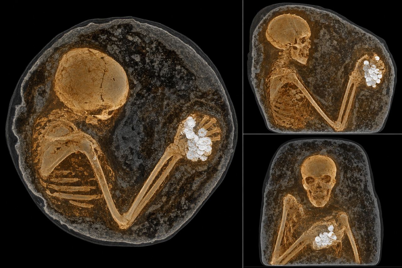 CT scan of the Man of the Coins — bones within plaster