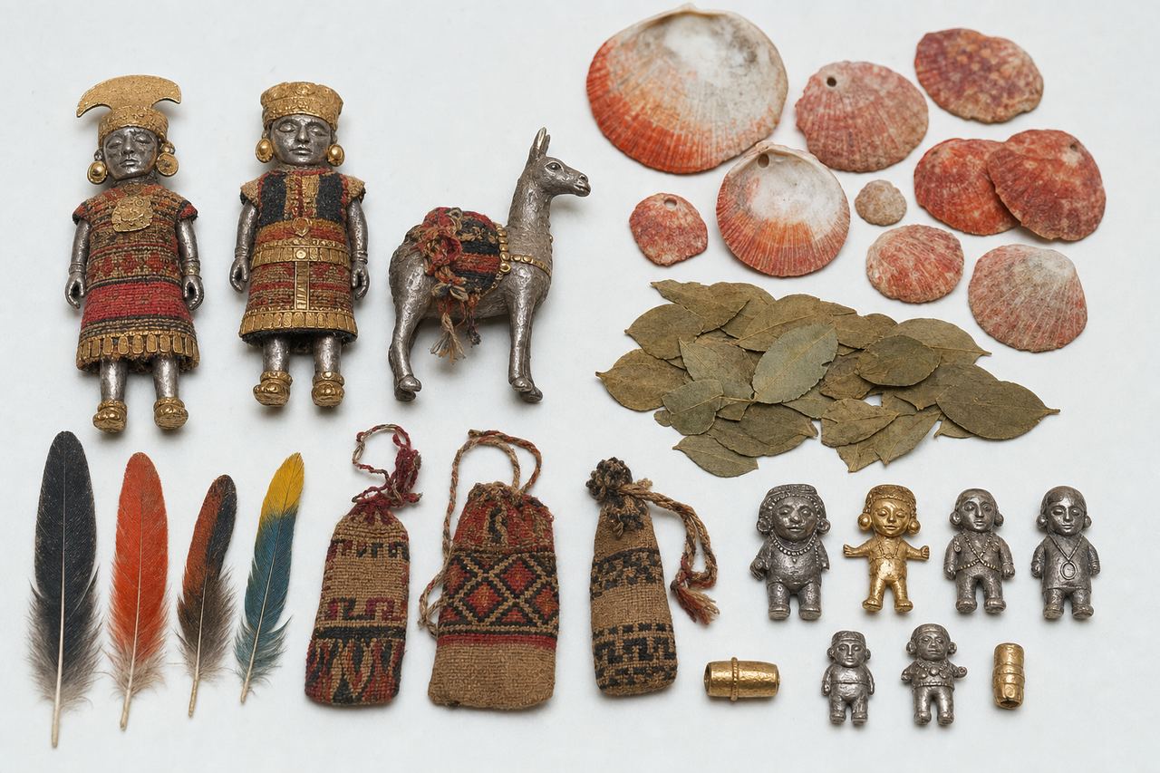 Inca capacocha offerings: gold figurines and shell